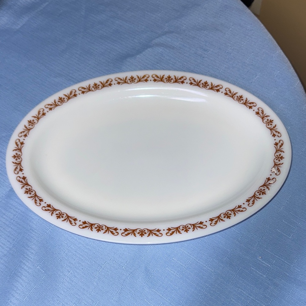 Pyrex Milk Glass Fillagree Pattern Brown and White Oval 12.5" Serving Platter